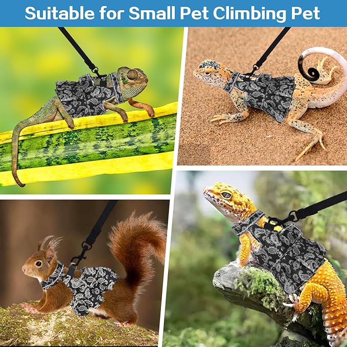 Bearded Dragon Harness and Leash Skirts Set Adjustable Reptile Lizard Leash Rope Dresses Clothes Starter Kit Accessories for Small Animal Outdoor Walking Training (Black)