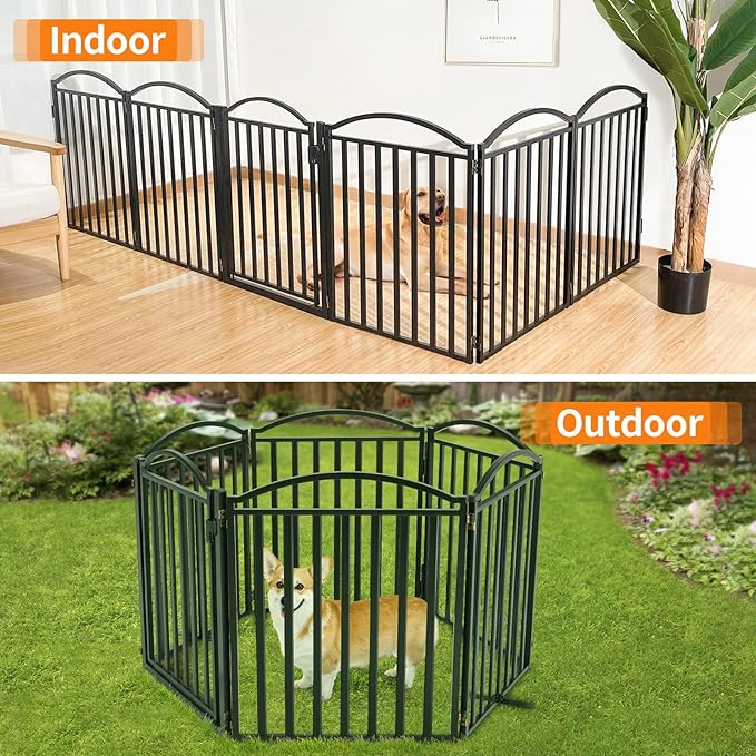 Malier Metal Freestanding Dog Gates with Door, 32'' Height Outdoor Indoor Dog Fences, Extra Wide Foldable Puppy Gate Free Standind Tall Pet Gate for Stairs, Hallways, Doorways, Yard (Black 6 Panels)