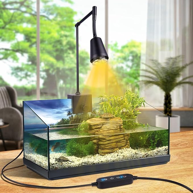Reptile Heat Lamps, 360 Rotatable Clamp on Dimmable UVA UVB Basking Spot Light Simulated Sunlight with Timing and 2Pcs E27 Bulbs for Aquarium Lizard Turtle Amphibians (US Plug)