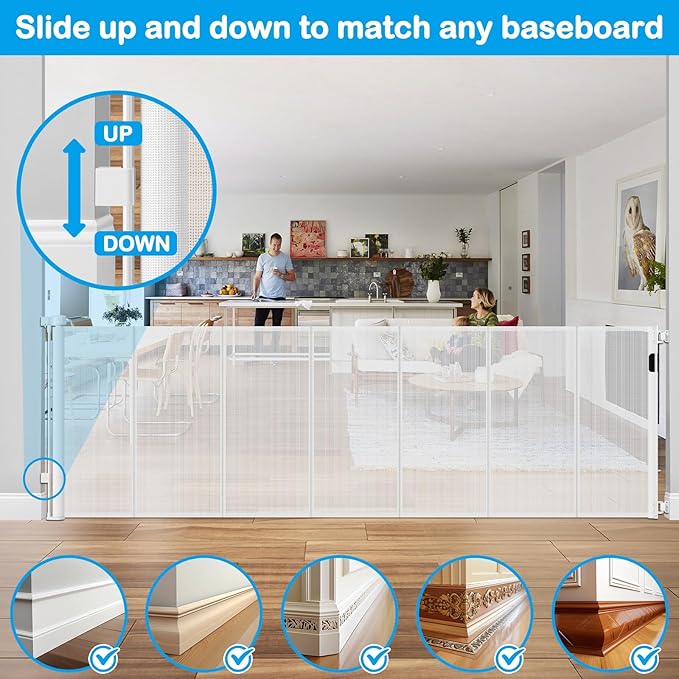 Reinforced 42” Extra Tall X 159” Extra Wide Retractable Gate Indoor Prevent Kids and Pets from Getting Through Tall Retractable Baby Gates for Doorways Pet Gates for Wide Openings Mesh Baby Gate White