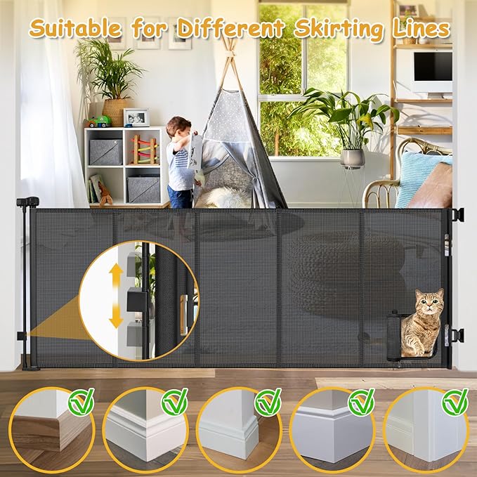 Reinforced 90” Extra Wide Retractable Pet Gate with Cat Door 33 Inch Tall Mesh Baby Gate Retractable Dog Gates for Doorways Extra Wide Baby Gates for Large Openings with Reinforced Strips, Black