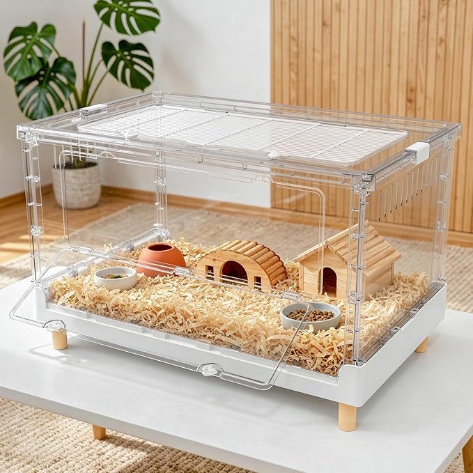 Larger Acrylic Transparent Hamster Cage - Small Animal Cage for Guinea Pig, Hedgehog,Dwarf Hamster, Rat,Mouse,Ferret, Sugar Glider and Bird,DIY Extendable & Stackable(27.5" Lx16.9 Wx15.4 H)