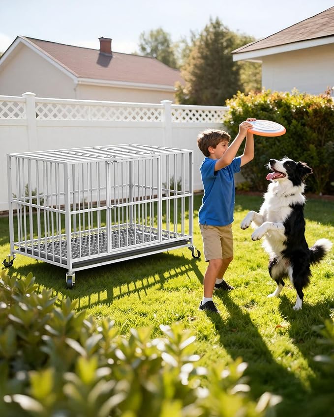 48 in White Heavy Duty Dog Crate Steel Escape Proof, Indoor Double Doors and Lockable Wheels,Removable Tray, for Dog Breeds,XL,XXL