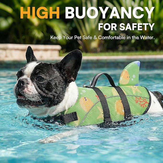 Queenmore Dog Life Vest XS, Extra Small Dog Life Vest for Swimming and Boating, Lightweight Dog Shark Life Jacket with Rescue Handle/Leash Hook/Reflective Strips
