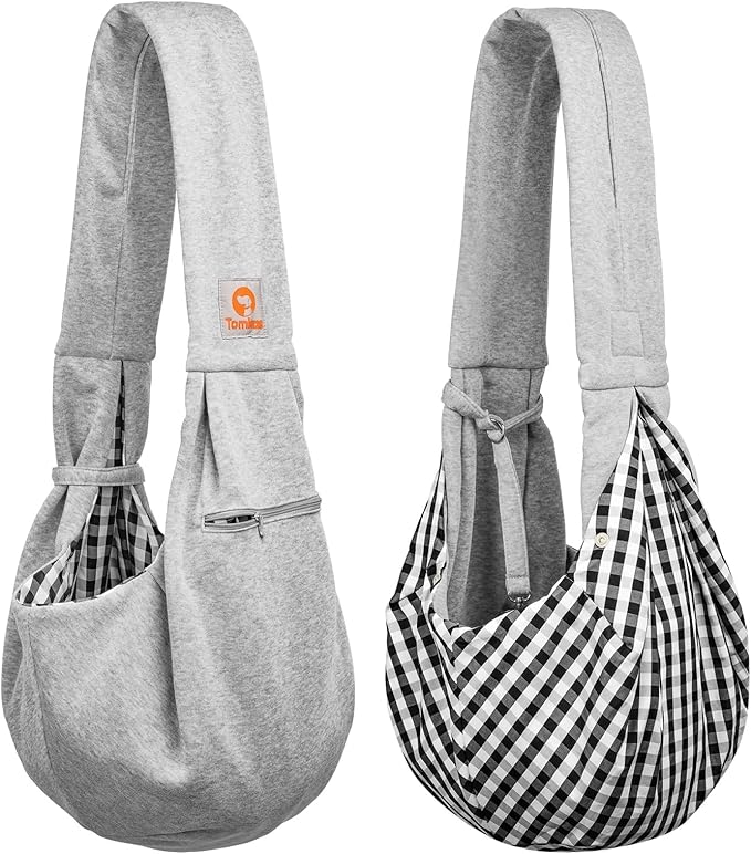 Tomkas Small Dog Sling Carrier - Zipper Pocket & Adjustable Strap & Zip Pocket - for 3-10 lbs Pets (Grey, M - Zipper Pocket & Classic Strap)