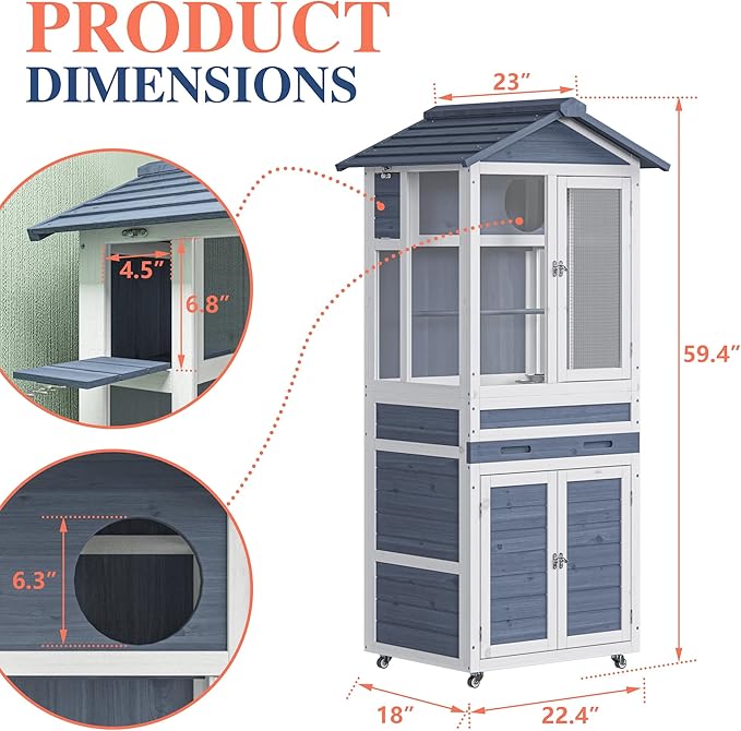 59" H Wooden Outdoor Bird Aviary on Wheels, Bird Cage with Storage & Pull-Out Tray for Small Birds, Finches, Parrots, Indoor Bird Cages with Feeder, Easy to Clean, Grey