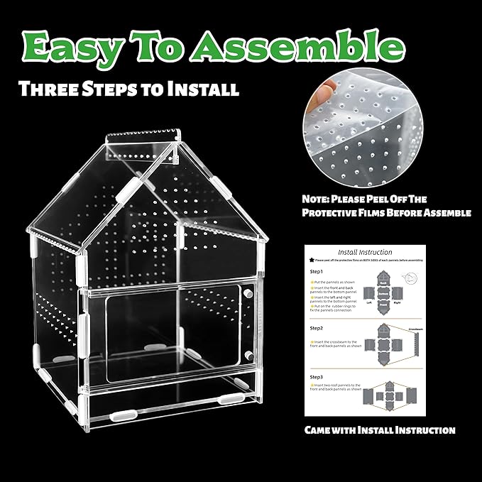 Acrylic Jumping Spider Enclosure with Magnetic Front Door - 360° View Reptile Terrarium for Tarantulas, Insects Hermit Crab - Includes Hanging Beam & Escape-Proof Ventilation (7.87x5.9x5.9 Inch)