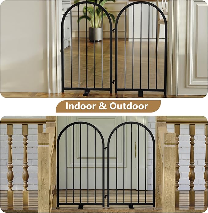 PUPETPO Full Metal Dog Gate for Indoor Outdoor, 32" Tall Free Standing Pet Dog Fence, 36" Wide Arched Pet Gates for Stairs, Hallways, Doorways, Kitchen, Decks, Yards (Black, 2 Panels)
