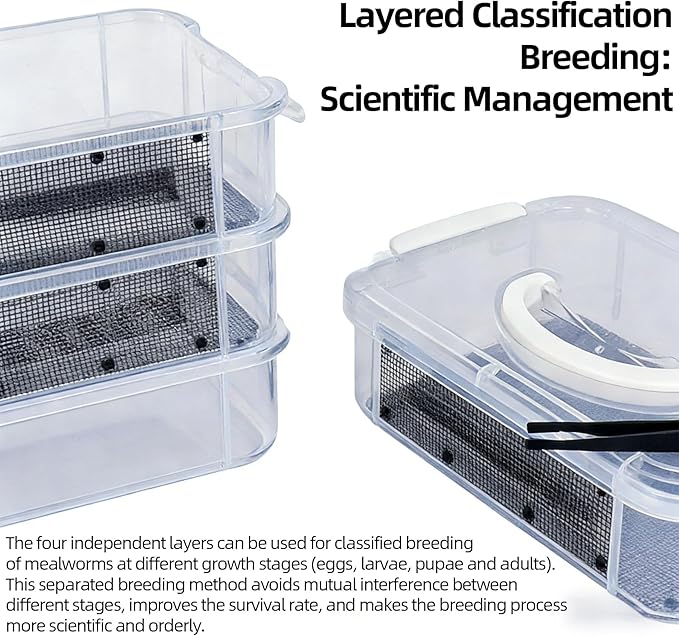 Mealworm Breeding Kit - 4 Layer High Capacity Mealworm Breeding Container, to Breed Live Mealworms, Reptiles, Lizards, Frogs,Tortoises, Includes Tweezers & Cleaning kit (10.6x7.1x10 in)