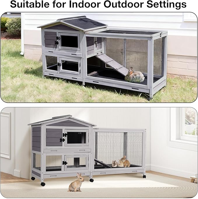 62″ 2-Story Large Rabbit Hutch, Indoor & Outdoor Bunny Cage with Chew-Proof Ramp, 3 Leakproof Pull-Out Trays, Waterproof Roof, 6 Lockable Wheels, for Rabbits & Guinea Pigs