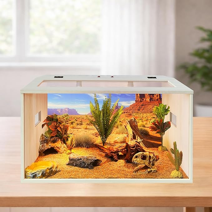PROLEE Bearded Dragon Tank, Up to 81Gallon Reptile Enclosure, Tempered Glass Lizard Tank, Bearded Dragon Enclosure with Built-in Lamp Fixture for Chameleon (Wooden Roof, 30Gallons,24x15.5x15.5 Inch)