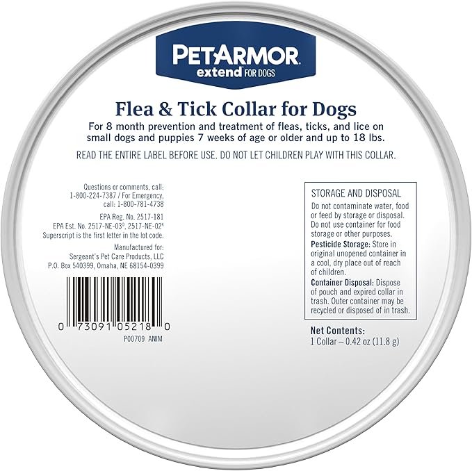 PetArmor Extend Dog Flea and Tick Treatment & Prevention Collar for Small Dogs up to 18 lbs., 8 Months of Protection, Odorless & Non-Greasy, Waterproof, Kills Fleas, Ticks, and Larvae, 2 Count
