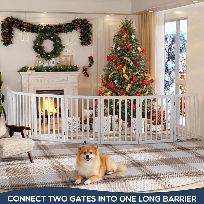 Homykic Bamboo Freestanding Dog Gate, No Assembly Pet Gate Indoor, 24”H x 75”W Extra Wide Foldable Puppy Barrier Fence with Support Feet for the House, Doorways Stairs, 4 Panels, No Drilling