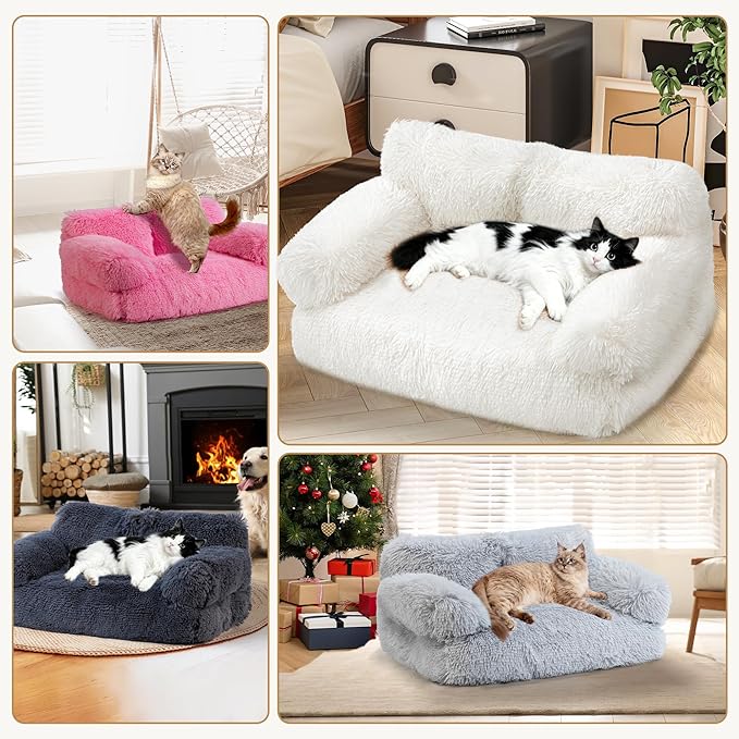 Large Cat Beds for Indoor Cats, Dog Couch Bed, Cute Cat Couch Sofas for Less 20lbs Kitten Puppy, Small Dog Sofas & Chairs with Removable Washable Cover, Soft Warm Pet Furniture, Plush White