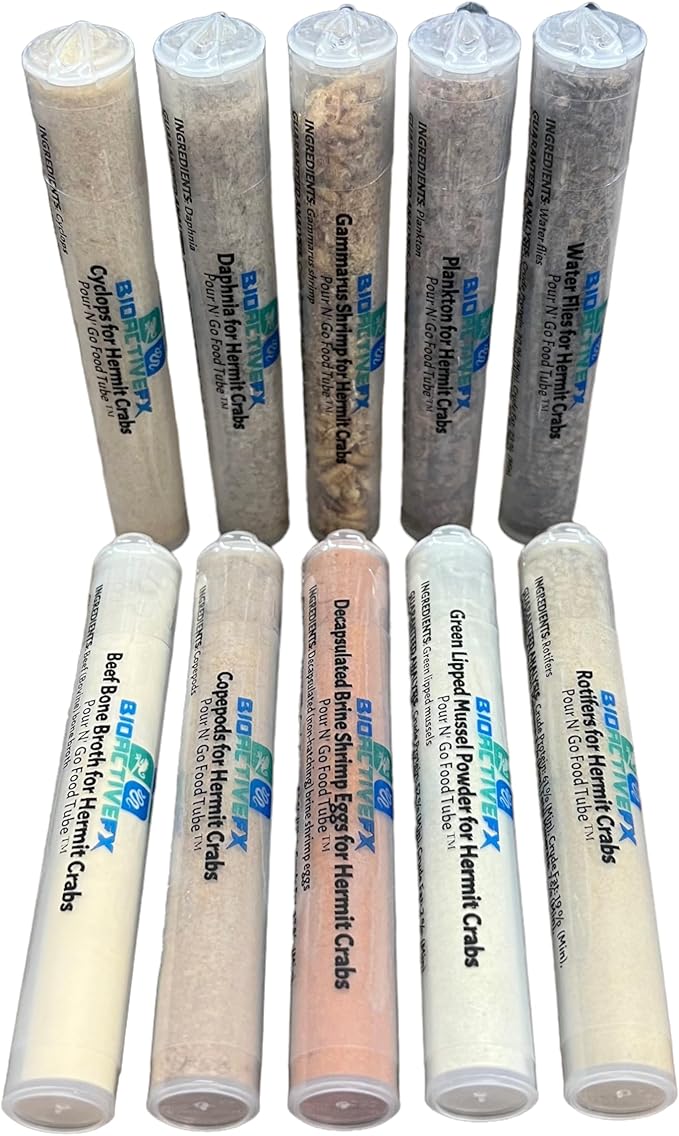 Hermit Crab Food Variety Packs - Natural Multi-Mix and Treat Blend for Pet Hermit Crabs, Pour N’ Go Food Tube ™, Lab-Tested for Quality & Safety (10 Pack Protein)