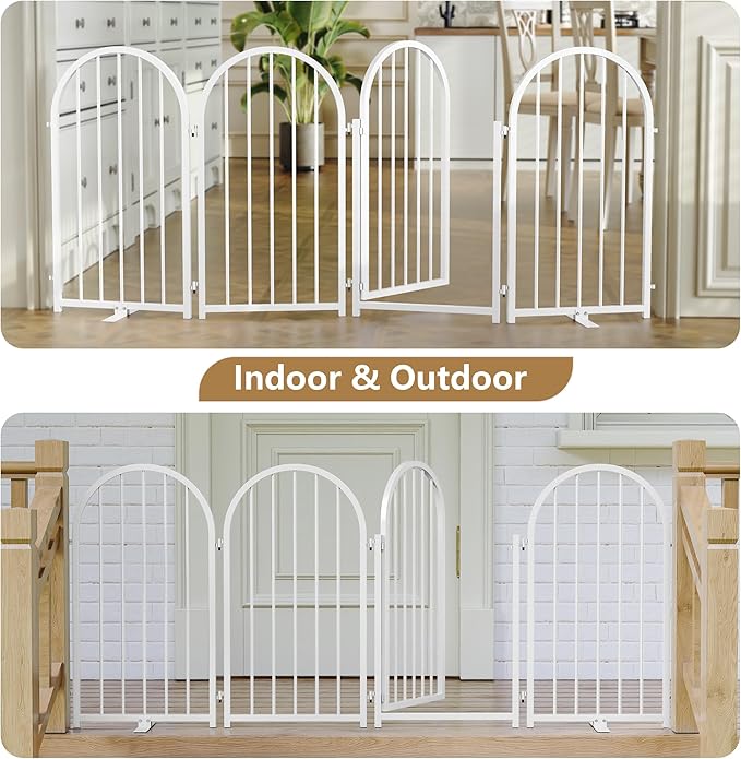 PUPETPO Full Metal Dog Gate with Door for Indoor Outdoor, 32" Tall Free Standing Pet Dog Fence, 72" Extra Wide Pet Gates for Stairs, Hallways, Doorways, Kitchen, Decks, Yards (White, 4 Panels)