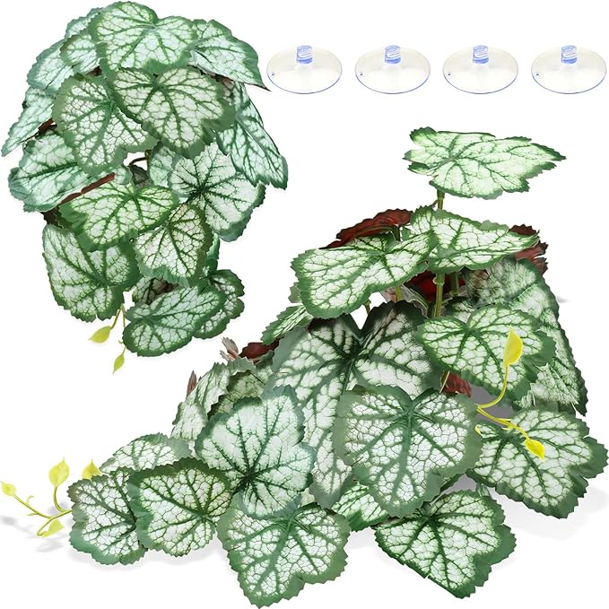 QUOZUO 2 Pack Reptile Plants for Terrarium, Artificial Leaves Habitat Decorations with Suction Cups, Terrarium Hanging Plants Vines for Bearded Dragons Lizards Snake Geckos Frogs - Green