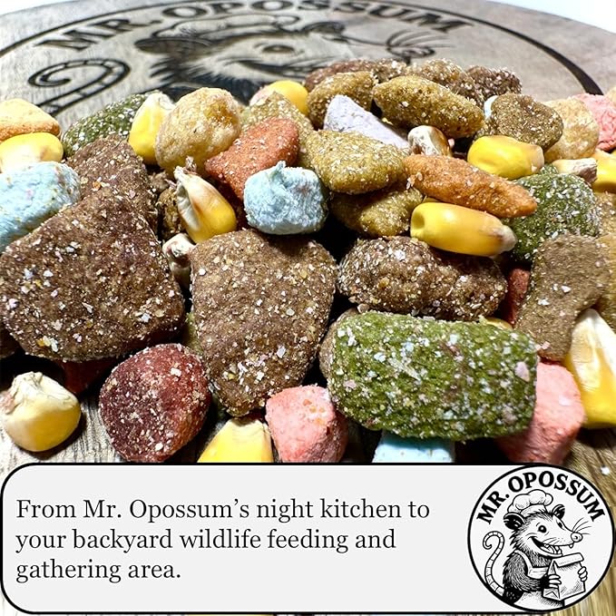 Midnight Munch™ Raccoon and Opossum Food Wildlife Treat Blend Multi Protein Backyard Wildlife Feeding Mix with Beef Lamb Chicken Salmon Corn Peanut Butter Puffs & Marshmallows (9 lb Pail)