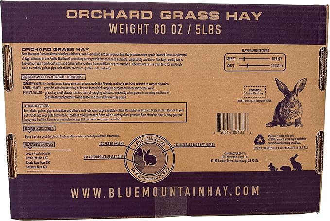 Blue Mountain Hay High Altitude Orchard Grass Hay Pet Food (5 lb) - Fresh, Soft & Leafy, High Fiber Nutrition - Sweet Aroma, Additive-Free, Supports Digestion, Dental Health & Natural Foraging