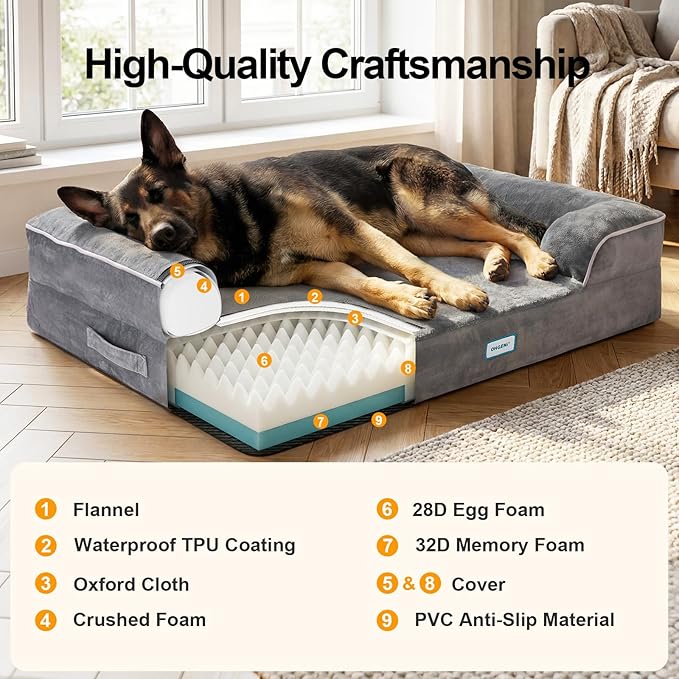 OhGeni Orthopedic Dog Bed Couch Big Cat Sofa for Extra Large Sized Pets with Memory Foam, Machine-Washable Waterproof Removable Cover, Soft Comfortable Fabric, 44-inch (Gray & Thickened Version)