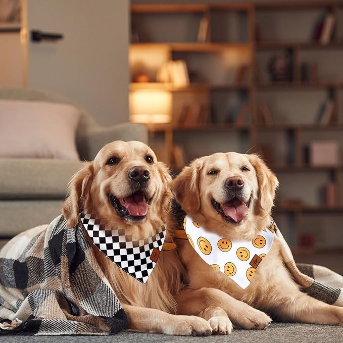 JarThenaAMCS 2Pcs One Happy Dude Dog Bandana Boho Smile Face Checkerboard Print Fabric Pet Scarf Medium Sizes Adjustable Pet Neckerchief Bibs for Cat Dog Birthday Costume Accessories