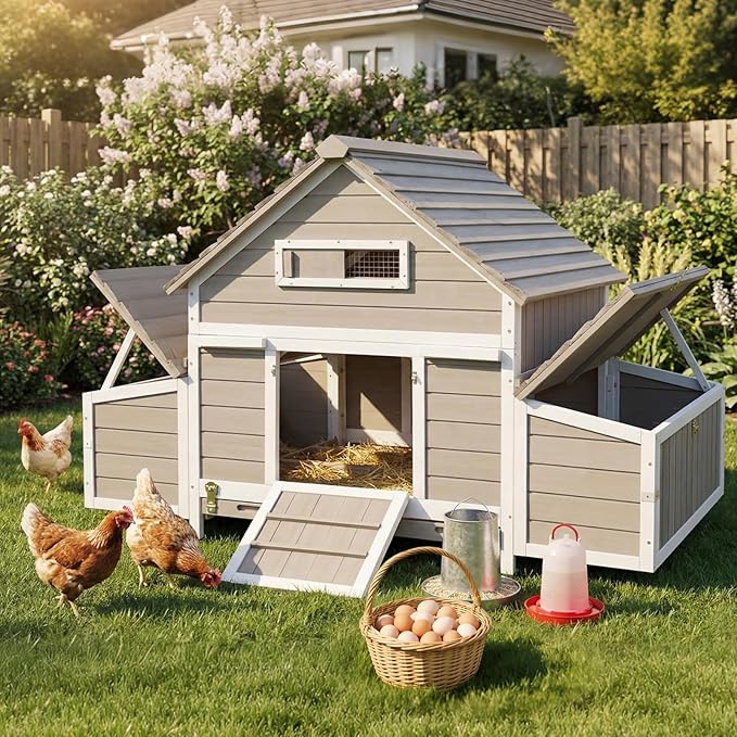 Large Chicken Coop Chicken House Outdoor with 6 Nesting Boxes & Pull-Out Tray for 4-6 Chickens, Wooden Backyard Hen House Poultry Cage with Weatherproof Openable Roof, 3 Perches, Expandable Run