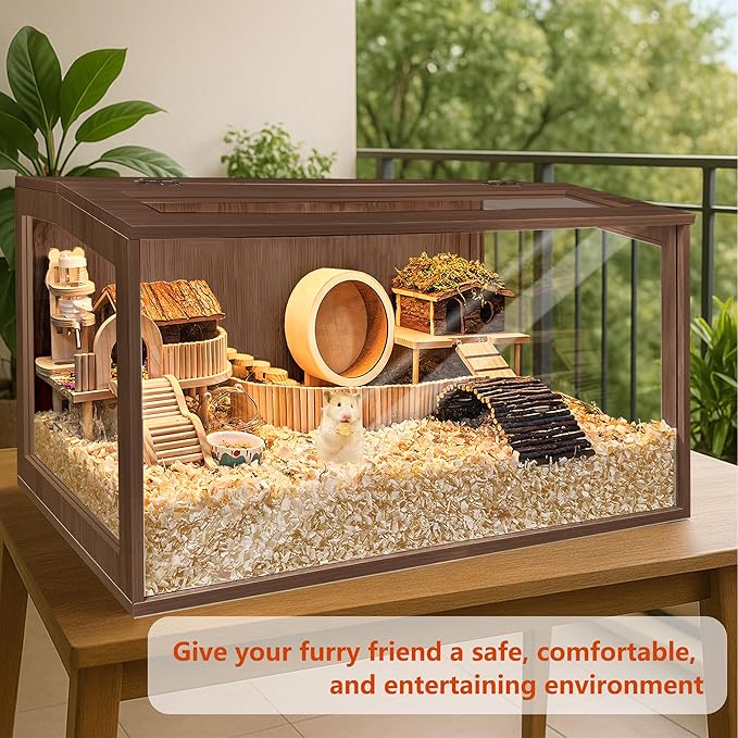 PROLEE Hamster Cage with Chewproof Wood Top, Guinea Pig Cages, Hamster Habitat with Clear Acrylic Sheets Solid Built, Small Animal Cage (Walnut, 24X15.5X15.5 inch)