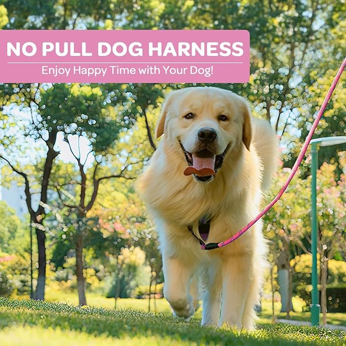 FURRYFECTION Plaid Dog Harness for Large Dogs, Reflective No Pull Adjustable Pet Vest with Front Clip, Leash, Easy Control Handle and Seat Belt, Pink&Black, L