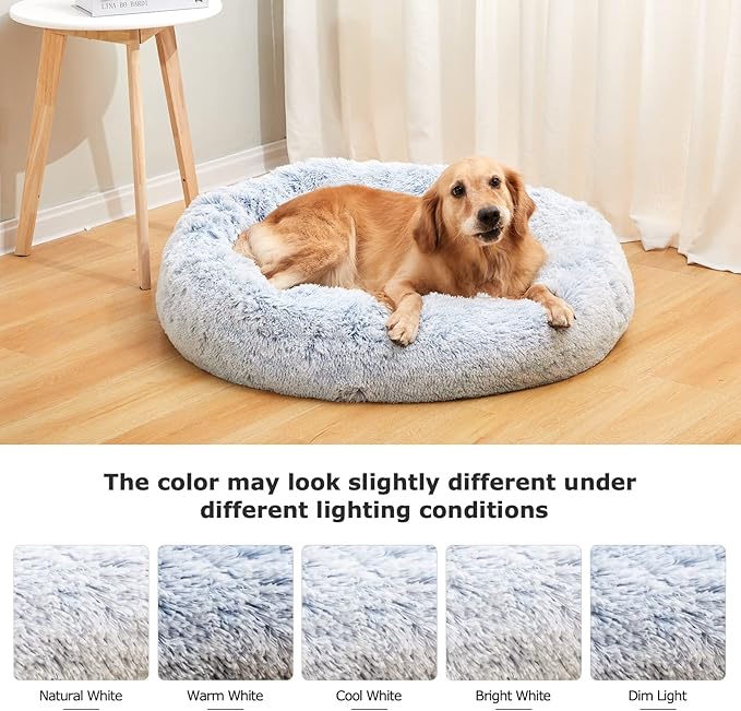 Bedfolks Calming Donut Dog Bed, 23 Inches Round Fluffy Dog Beds for Small Dogs, Machine Washable Anti-Anxiety Plush Puppy Bed(Light Blue, Small)