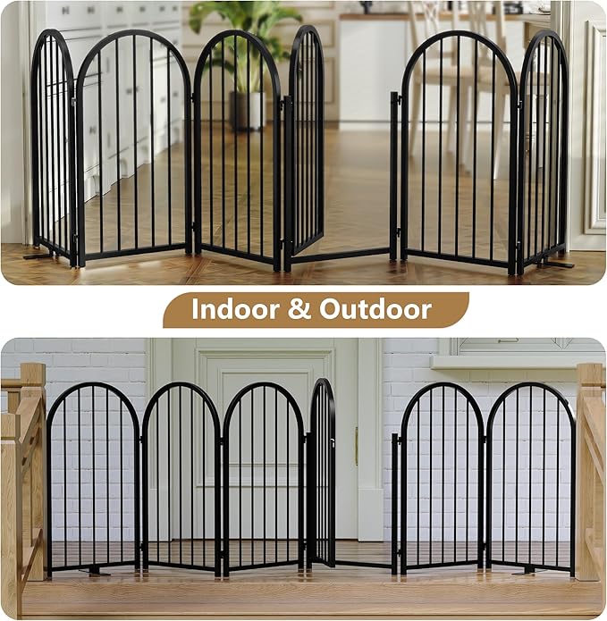 PUPETPO Full Metal Dog Gate with Door for Indoor Outdoor, 32" Tall Free Standing Pet Dog Fence, 108" Extra Wide Pet Gates for Stairs, Hallways, Doorways, Kitchen, Decks, Yards (Black, 6 Panels)