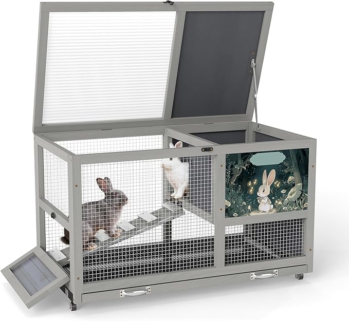 COZIWOW 36.5-Inch Double-Decker Wooden Rabbit Hutch with Wheels, Featuring A Cleaning Tray and Ladder—Stylish and Easy to Assemble(Grey and Pattern)