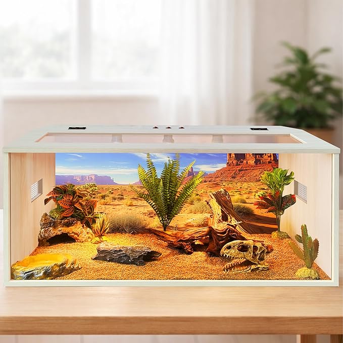 PROLEE Bearded Dragon Tank, Up to 81Gallon Reptile Enclosure, Tempered Glass Lizard Tank, Bearded Dragon Enclosure with Built-in Lamp Fixture for Chameleon (Wooden Roof, 81Gallons,48x19.5x19.5 Inch)