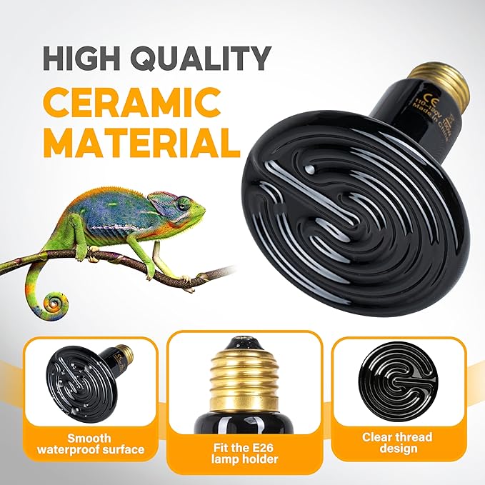HealSmart 100W Reptile Heat Lamp Ceramic Heat Emitter, No Light Emitting Heat Bulbs, Suitable for Snake/Lizard/Spider, Plant Growth and Incubating Chicken, 2-Pack