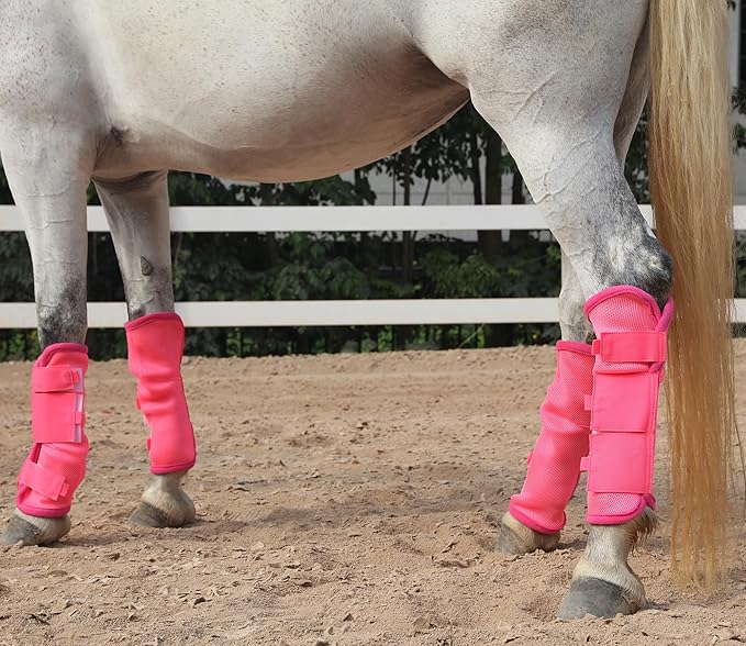 LEAFOREST Horse Fly Boots Set of 4 - Non Slip Leg Protection for Donkey Mini Pony Draft, Breathable Mesh Fly Boots for Pasture & Barn Use Pink Pony