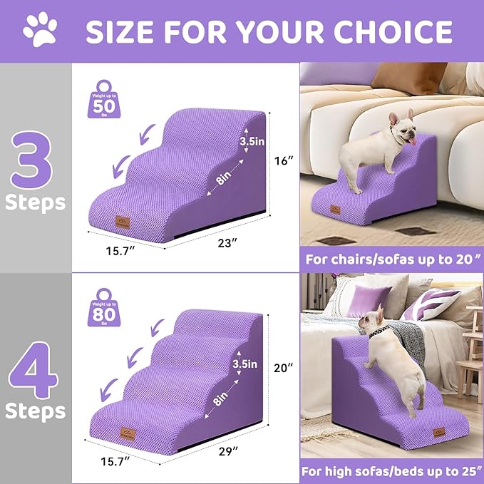 Zerbuger Dog Ramp and Stair for Bed 16" H-20 H,3-Step Cat Stair for Sofa and Chair,4-Step Dog Ramp for High Bed and Window,Durable Nonslip Fabric Stair for Indoor (Purple-16 H, Pet Friendly, 3)