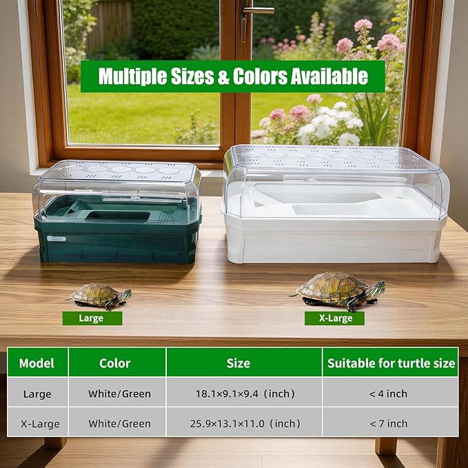 Turtle Tank Kit with 3-Stage Filter, Basking Platform & Heat Lamp - Complete Turtle Aquarium Habitat for Water Turtles, Enclosure or Hermit Crab Tank, Easy Drain Starter Kit Green, 18.1 Inch