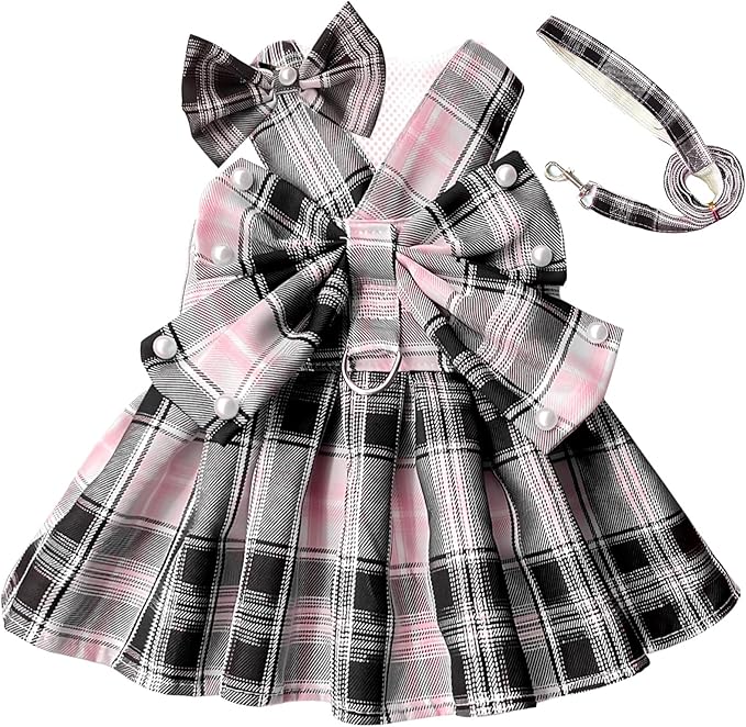 PETCARE Cute Dog Dress Clothes for Small Dogs Cats Girl Female Pink Plaid Bow Tie Dog Harness Dresses Leash Set with Pearls Bow Accessories Birthday Puppy Dress Shih Tzu Yorkies Chihuahua Outfits
