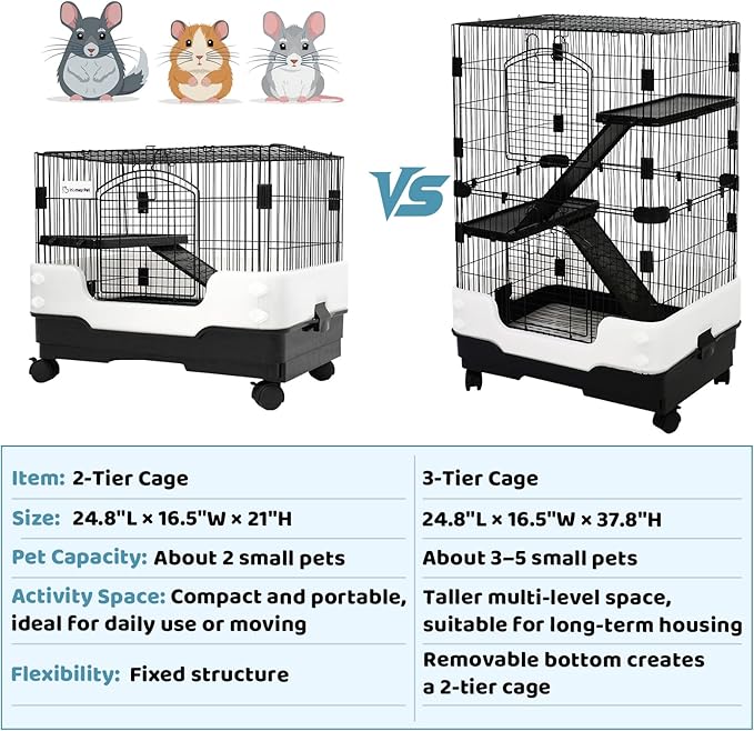 Homey Pet 2-Level Rat Cage, Small Animal Cage for Gerbil, Guinea Pig, Hamster, Chinchilla with Anti-Spray Urine Guard, Paw-Safe Mesh Floor, Removable Tray, 4 Lockable Wheels, Ramp & Platform, Black