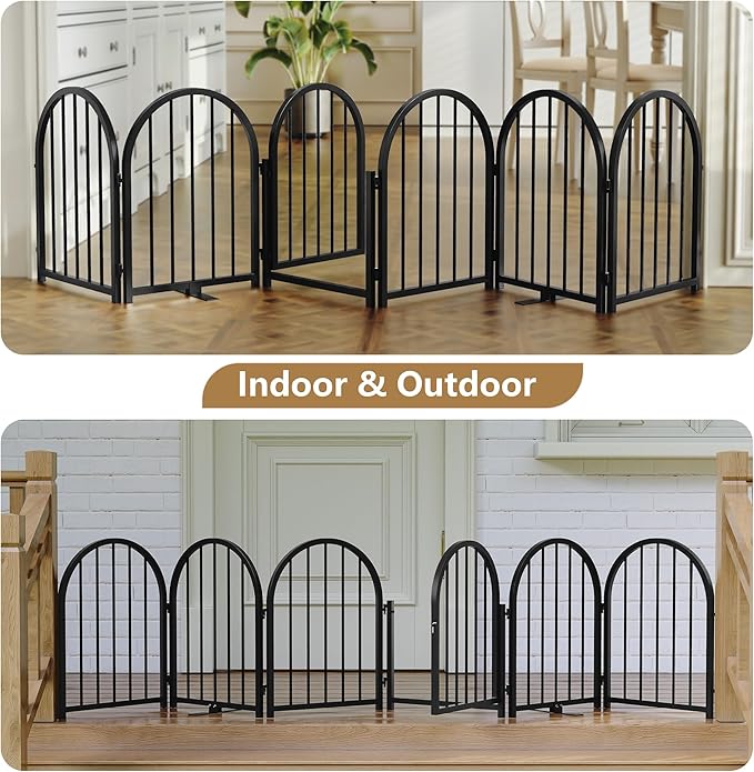 PUPETPO Full Metal Dog Gate with Door for Indoor Outdoor, 24" Tall Free Standing Pet Dog Fence, 108" Extra Wide Pet Gates for Stairs, Hallways, Doorways, Kitchen, Decks, Yards (Black, 6 Panels)