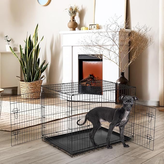DUMOS Dog Crate, 42 Inch Large Double Door Dog Cage with Plastic Leak-Proof Pan Tray, Folding Metal Wire Pet Kennel for Indoor, Outdoor, Travel