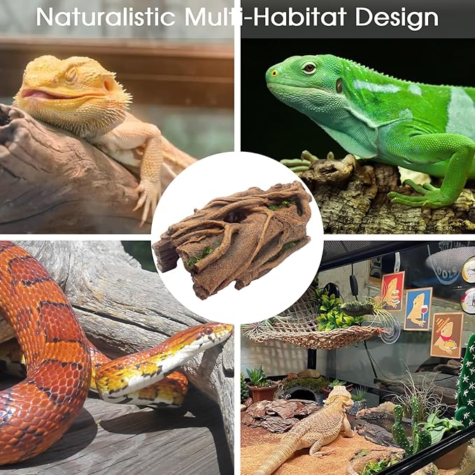 Lizard Snake or Reptile Hide, Large Hollow Log Snake Hideout for Ball Python Bearded Dragon and Gecko Eco-Friendly Resin Tank Accessory with Basking Platform & Multi-Functional Décor