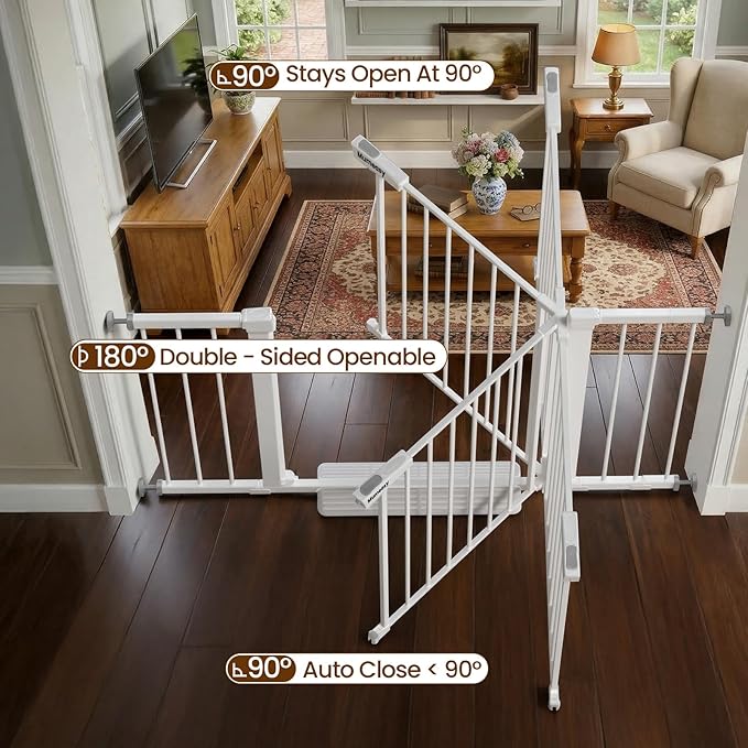 Mumeasy 36" Extra Tall Baby Gate for Stairs, 29.7-48" Wide Dog Gate for Doorways, Walk Thru Pet Safety Gate for Indoor, Pressure Mounted with Auto Close, Easy Install No Drill for Toddlers, White