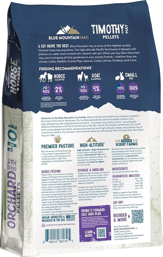 Blue Mountain Hay High Altitude Orchard Grass Hay Pellets (40 lb), Ultra Premium Nutrient Dense Forage, Small Quick Soaking Low Dust Pellets, Easy to Measure, Automatic Feeder Friendly