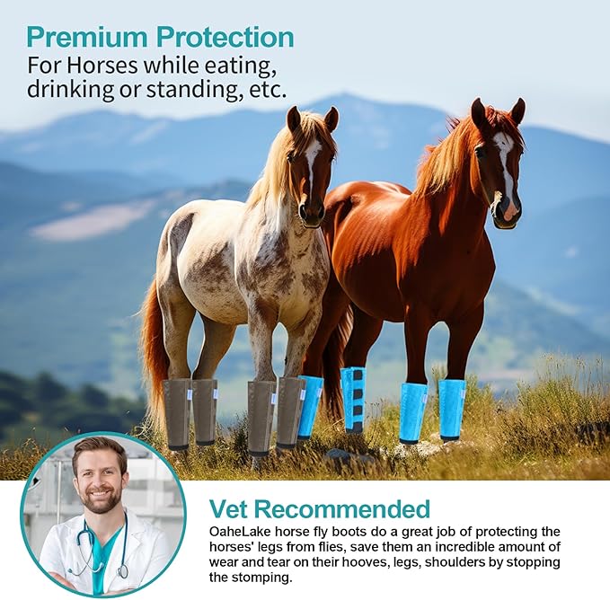 Mesh Horse Fly Boots Set of 4, Loose Fitting Leggings for Horses, Reduce Stressful Stomping, Breathable Adjustable and Universal Fit for 4 Legs, Reliable Stay Put (Sky Blue)