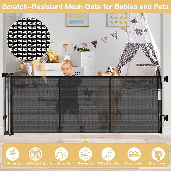 Reinforced 28" Tall Dog Gate 80" Wide Retractable Baby Gate, Easy Step Over Pet Gate Indoor Outdoor Retractable Gate with Support Rods, Short Baby Gate Stair Gate, Puppy Gates for The House, Black