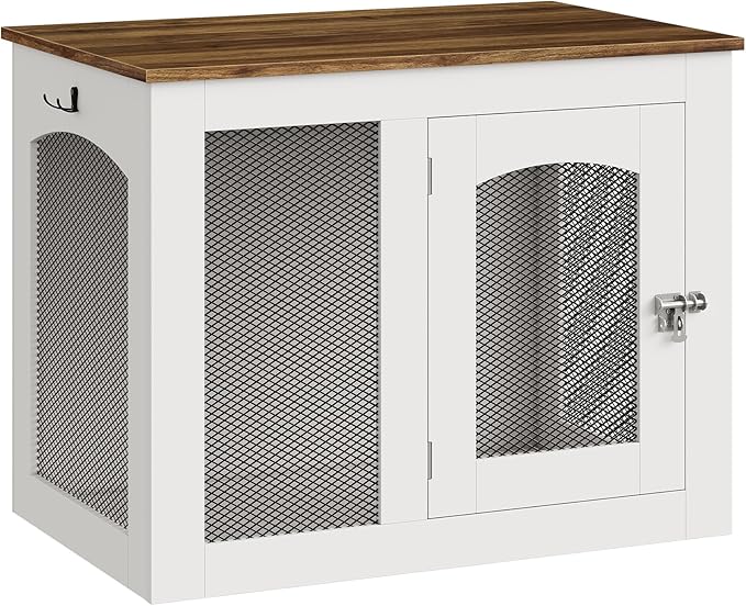CHOEZON Wooden 30.1" Dog Crate Furniture, Farmhouse Pet Cage End Table with Secure Lock, Ventilated Mesh for Medium Dogs, Dog Kennel Furniture for Living Room, Bedroom, White and Walnut MGW02WL