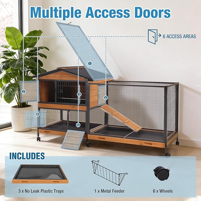 Rabbit Hutch Indoor, 62’’ Bunny Hutch Outdoor with All-Around Metal Frame, Mobile Rabbit House with Wheels, Wooden Bunny Cage with Leakproof Tray, Chew-Proof Ramp for Guinea Pig(Orange)