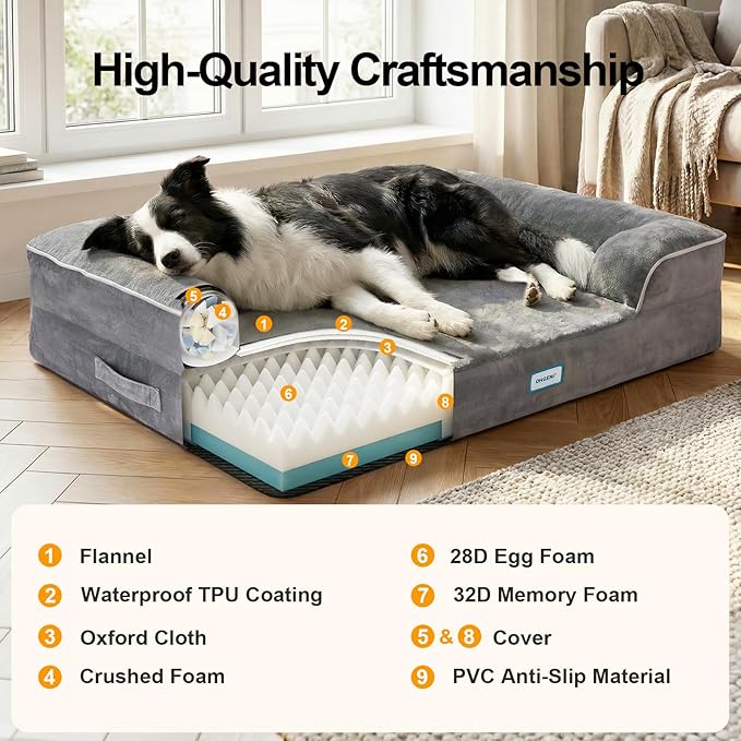 OhGeni Orthopedic Dog Bed Couch Cat Sofa for Large Sized Pets with Memory Foam, Machine-Washable Waterproof Removable Cover, Soft Comfortable Fabric, 38-inch (Gray)