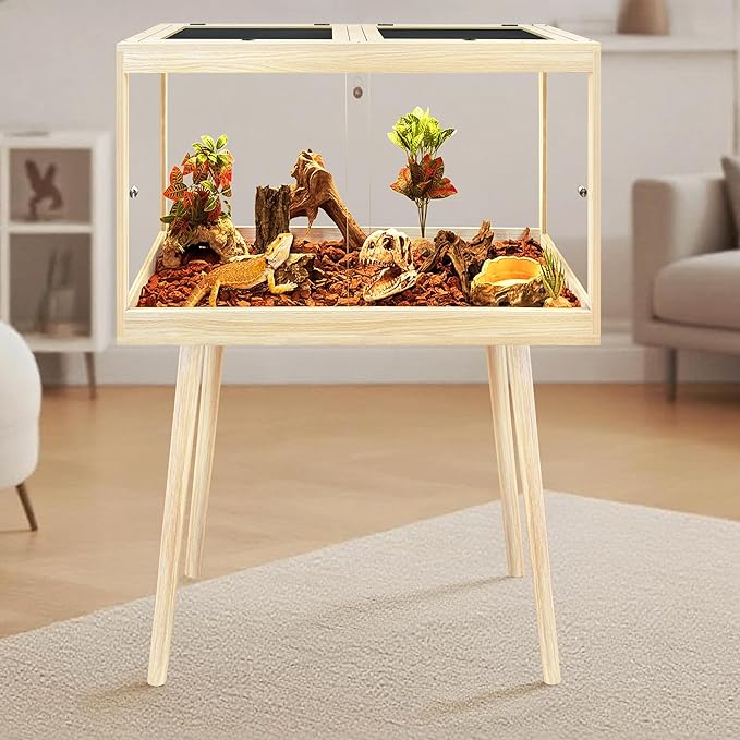 PROLEE Bearded Dragon Tank with Leg Stand 22 Gallons, Wooden Lizard Tank,Reptile Tank with Metal Mesh Roof Door, Acrylic Panel Snake Tank with Lock Design (Oak, 24"x16"x16")