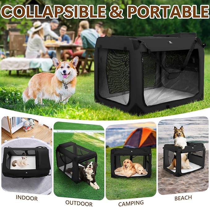 X-ZONE PET Dog Crate 3-Door Kennel, Collapsible Portable Soft Sided Pet Carriers for Indoor & Outdoor, Multiple (40-Inch, Carbon Black)